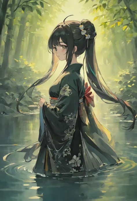 Chinese style，Ink painting style，Black and white painting，Maiden in the lake，wearing a hanfu