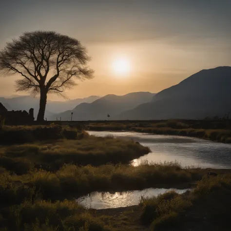 Countryside view，Sunset，Blurred the vision，Andean village landscape photography，Pale sunset, Vast northwest village（Andean landforms）Majestic mountains，Rugged mountain roads in the countryside，mountain peaks，（Boulder in the distance），precipice，Clear and tr...