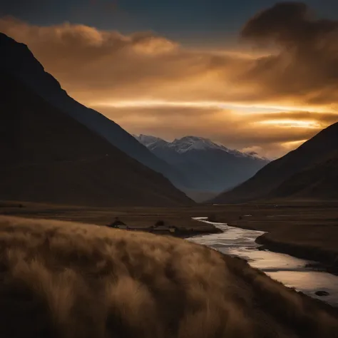 Countryside view，Sunset，Blurred the vision，Andean village landscape photography，Pale sunset, Vast northwest village（Andean landforms）Majestic mountains，Rugged mountain roads in the countryside，mountain peaks，（Boulder in the distance），precipice，Clear and tr...