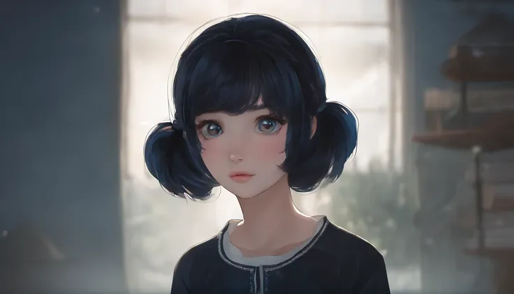 Neck tightening composition、Depressive sensations、Dark imagery、teens girl、Face only、sadness、painful、frontage、Girl with short dark blue hair looking at this, Pigtail hairstyle, Quiet and cute, Dark blue round eyes , 15 years old