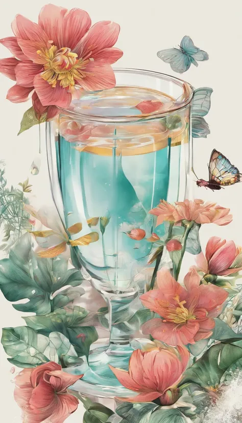 Middle transparent water cup，Surrounded by a floral and botanical environment