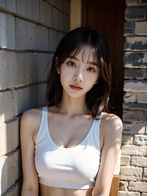 araffe asian woman in a white top leaning against a brick wall, a picture inspired by Ma Yuanyu, tumblr, shin hanga, open v chest clothes, korean girl, gorgeous young korean woman, beautiful south korean woman, halter top, halter-top, wearing a sexy croppe...