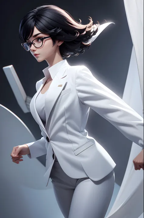 One woman in a white suit，Run away，Black medium hair，（Back shadow）（eye glass），8 look，Ultra high quality