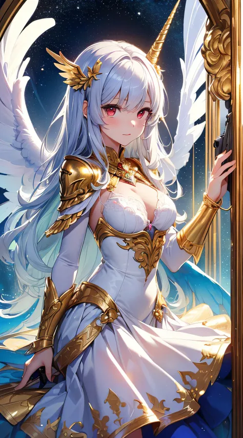 top-quality、Top image quality、​masterpiece、girl with((18year old、bright clothes、White bra、white dres、Gold Skirt、 Best Bust、Bust 90、Long silver hair、Red Eyes、open chest wide、Valley、Happiness、A slender、Angelic face、Aura of Light、Wings of the Universe、Angel B...