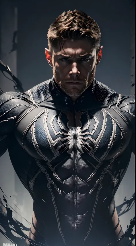 actor ((jensen ackles)) as ((venom)) from marvel universe, symbiote, white spider sign on breast, muscular, intricate, high deta...