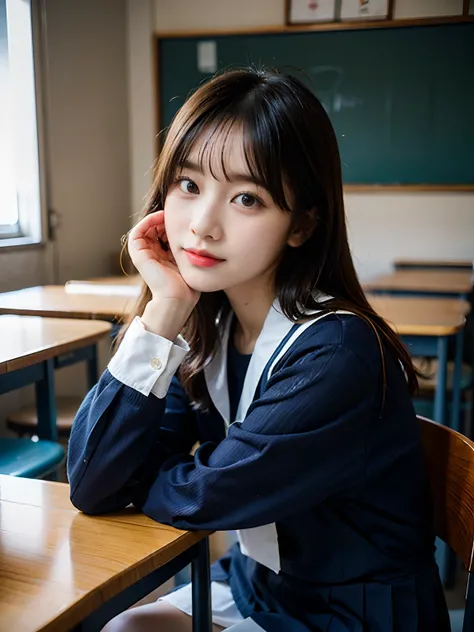 arafly dressed woman sitting on a chair in a school uniform, korean girl, jaeyeon nam, captured on canon eos r 6, sailor uniform, cute schoolgirl, a hyperrealistic schoolgirl, taken with canon 5d mk4, hyperrealistic schoolgirl, girl wearing uniform, wearin...