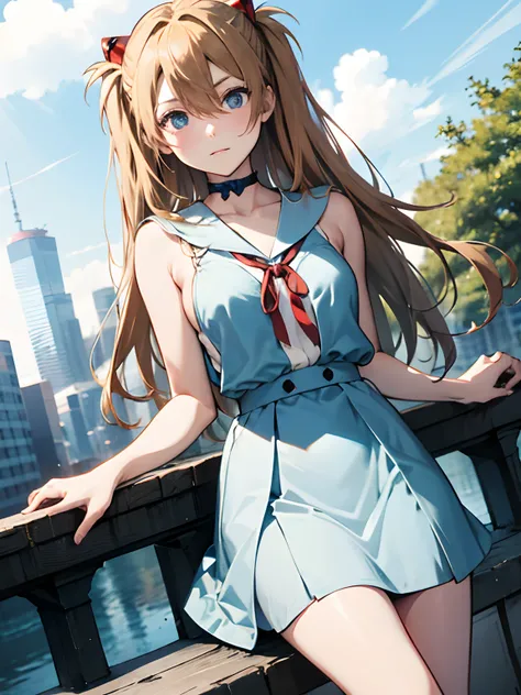 Asuka Langley Soryu，Blue eyes，hair between eyes，headware，Interface headset，Orange hair，Red ribbon、Ribbons、shcool uniform、skirts、Slip dress、Slip dress、Tokyo No. 3 Junior High School uniform、album artwork，Storytelling images