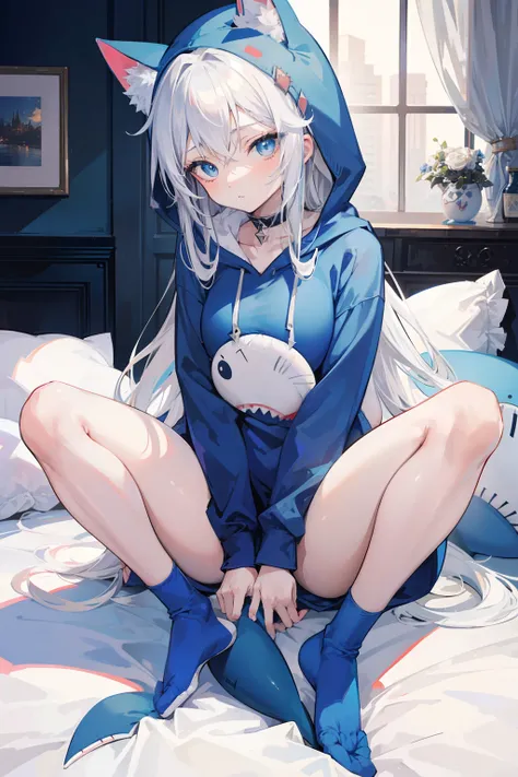 Anime girl, beautiful blue eyes, long white hair, cat ears, in a blue shark onesie with a hoodie on her head, sitting on a bed, beautiful background of a room good anatomy, bare legs, plump legs, cute, hugging a shark plushie, 8k, high resolution