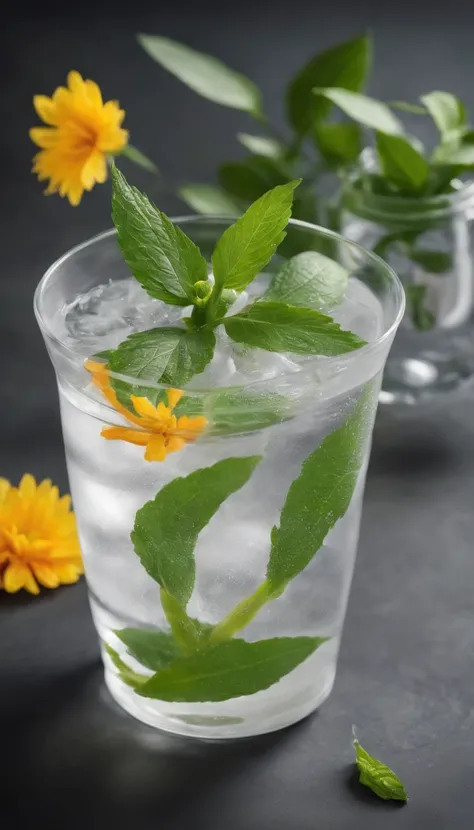 Middle transparent water cup，The environment is surrounded by flowers and plants