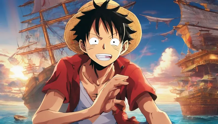 4k Resolution,Monkey D Luffy,One Piece,Pirate,(Inaki Goody as Monkey D Luffy),Real Man, Smile and Enjoy Face,Ultra Details,Realistic, High Detailed,(He Sit at the front of Pirate Ship,Name (The Thousand Sunny),Drone View, Ocean, Colourful Lighting, Romance...