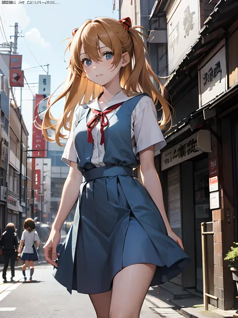 Asuka Langley Soryu，Blue eyes，hair between eyes，headware，Interface headset，Orange hair，Red ribbon、Ribbons、shcool uniform、skirts、Slip dress、Slip dress、Tokyo No. 3 Junior High School uniform、album artwork，Storytelling images