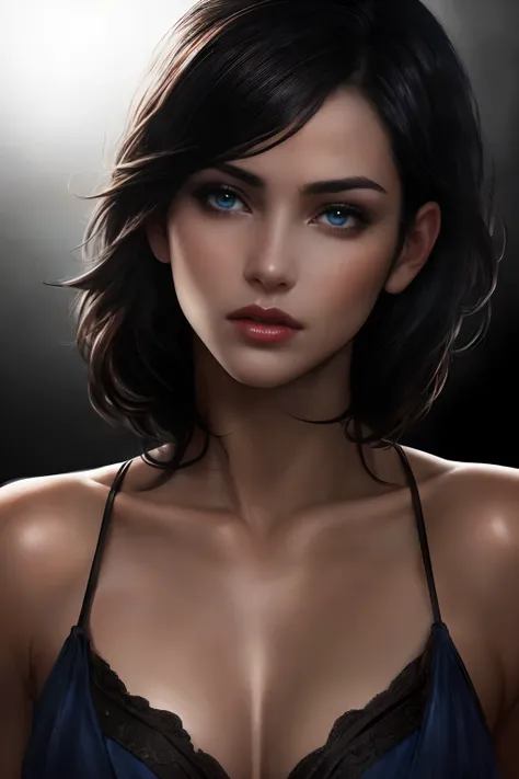 Photorealistic Ada Wong, detailed short messy black hair, mid shot, Detailed skin, detailed body, muscular, voluptous, solo, wearing Sun Dress, blue eyes, Natural Skin Texture, skin detail, shiny skin, shiny glossy skin, glossy skin, oily skin, Mediterrane...