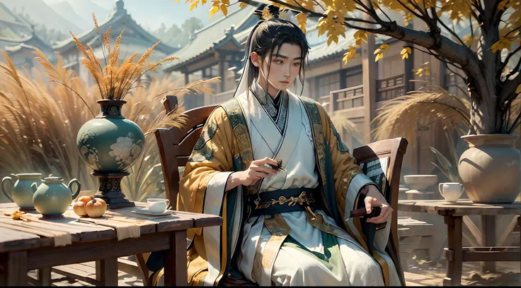 A 9-year-old boy dressed in orange，Reading in a persimmon orchard, A stone table, A teacup, Tang dynasty childrens hairstyle, Wearing a white robe, Jade around the waist, and tulle fabric with streamers, Ayara satin，Wide skirt, Streamer decoration，refined ...