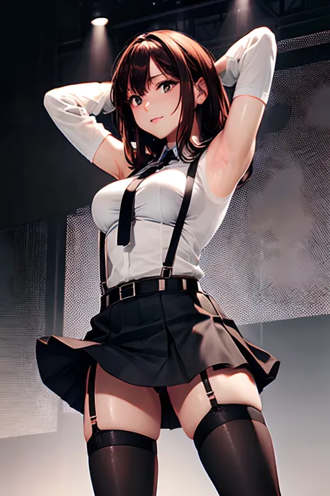 Black skirt, 　suspenders, Brown hair Gray eyes, Garter belt on the legs, Tight black clothes, 　　 a belt　Armpit sweat　　Dark look　Moderately breasts　Holster sweat