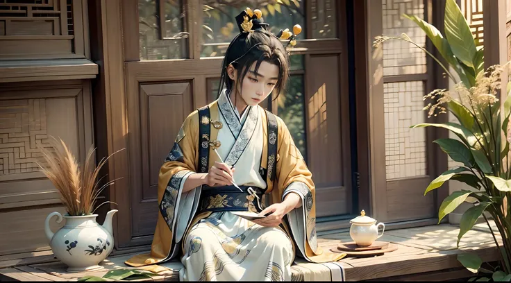 A 9-year-old boy dressed in orange，Reading in a persimmon orchard, A stone table, A teacup, Tang dynasty childrens hairstyle, Wearing a white robe, Jade around the waist, and tulle fabric with streamers, Ayara satin，Wide skirt, Streamer decoration，refined ...