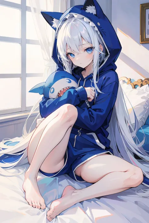 Anime girl, beautiful blue eyes, long white hair, cat ears, in a blue shark onesie with a hoodie on her head, sitting on a bed, beautiful background of a room good anatomy, bare legs, plump legs, cute, hugging a shark plushie, 8k, high resolution