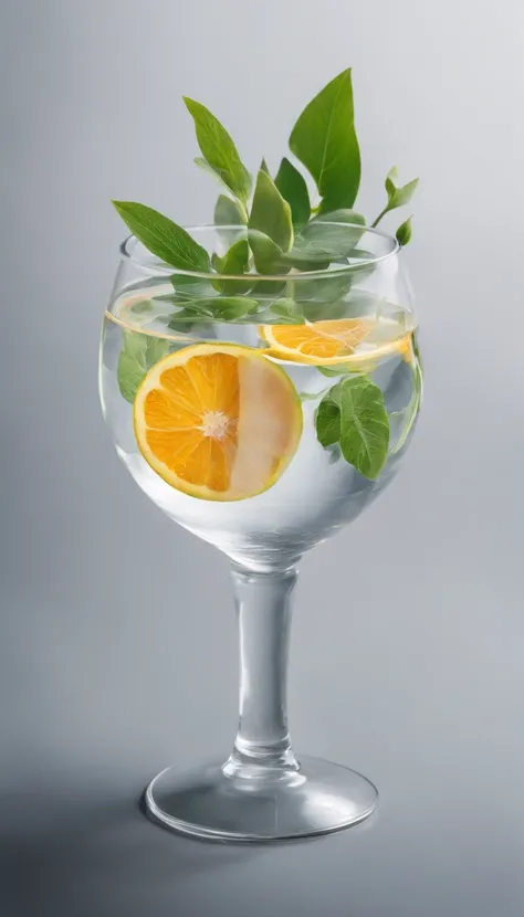 Middle transparent water cup，The environment is surrounded by flowers and plants