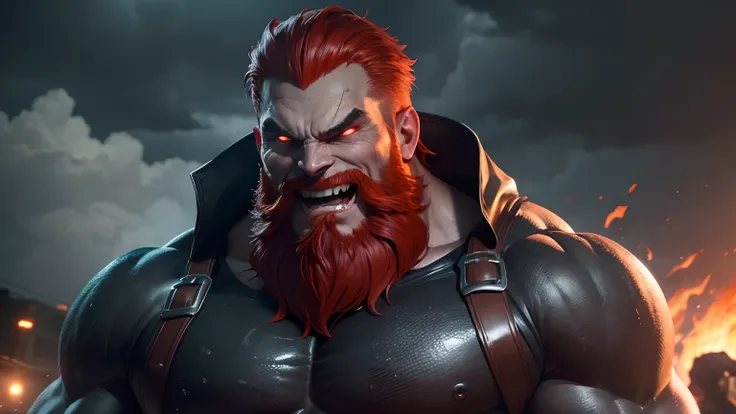 (high quality,ultra-detailed,realistic:1.37),gigantic muscular man,larger than planet Earth,fiery red hair,with beard,evil,malevolent,laughing loudly,night scene,dramatic lighting,ominous atmosphere,destructive power,dark background,glowing red eyes,evil g...