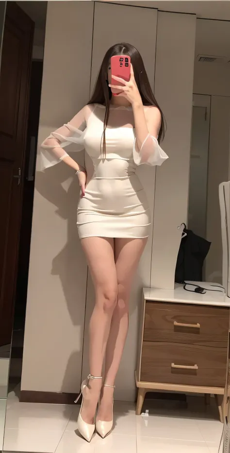 Alapi woman in short skirt taking a selfie in the mirror, tall thin beautiful goddess, Sexy dress, Tight dress, Translucent dress, wearing dresses, tightly dress, is wearing  dress, photo of slim girl, full extremely slim body, opened dress, very tall and ...