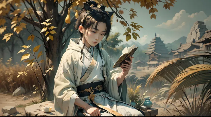 A 9-year-old boy dressed in orange，Reading in a persimmon orchard, A stone table, A teacup, Tang dynasty childrens hairstyle, Wearing a white robe, Jade around the waist, and tulle fabric with streamers, Ayara satin，Wide skirt, Streamer decoration，refined ...