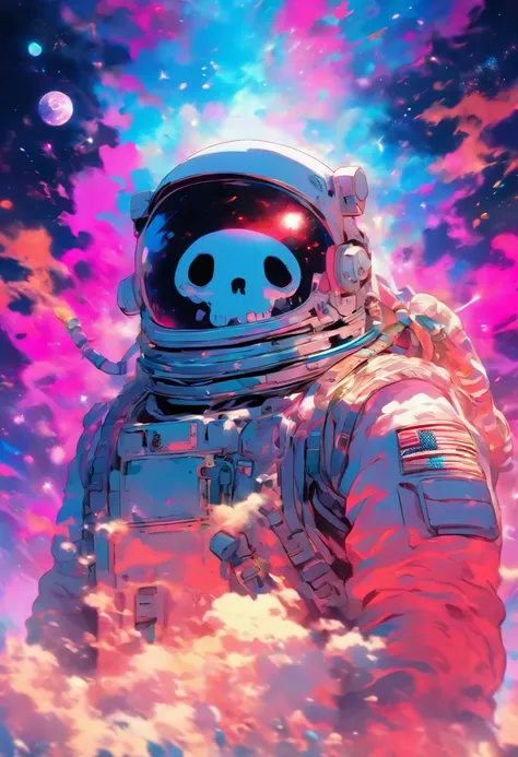 Amidst the ethereal expanse of cosmic dust and vibrant hues, a lifeless astronaut drifts silently in the void of space. The macabre sight of a skull visage trapped within their helmet sends shivers down the spine. The juxtaposition of chilling stillness ag...