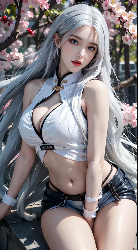 photorealistic, high resolution, soft lights, 1women, solo, hips up, blue eyes, white hair, long hair, blue eyes, red lips, jewelry, kungfu clothes, tattoo, cherry blossom