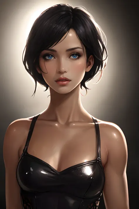 photorealistic ada wong, detailed short messy black hair, mid shot, detailed skin, detailed body, muscular, voluptous, solo, wea...