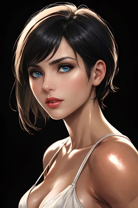 Photorealistic Ada Wong, detailed short messy black hair, mid shot, Detailed skin, detailed body, muscular, voluptous, solo, wearing Sun Dress, blue eyes, Natural Skin Texture, skin detail, shiny skin, shiny glossy skin, glossy skin, oily skin, Mediterrane...