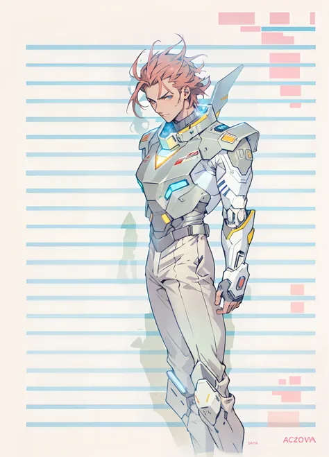 A man with short red-gold hair, hair slicked back, thick and disheveled hair, a cold and ruthless gaze, a confident expression, wears a two-piece futuristic military-style uniform, primarily in shades of white and red, accented by touches of yellow, stream...