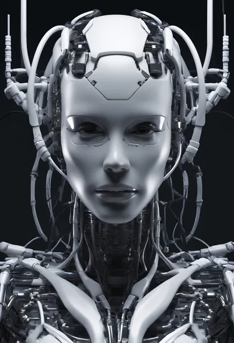 Cyborg Woman, (((Half Female Face, Half Robot Skull))), (((Flesh-colored skin))), Electronic Systems On-Head Humanoids, Detailed Brain in Sight, Detailed connection wire, mechanical limbs, tubes connected to the mechanical parts, mechanical vertebrae attac...