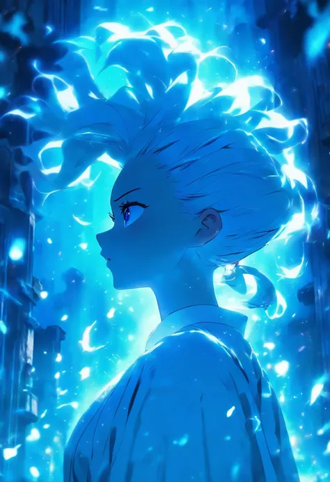 ghostly young woman wearing a white robe with white hair in a ponytail surrounded by dark ruins, shes glowing blue with blue particles around her, photorealistic, cinematic lighting