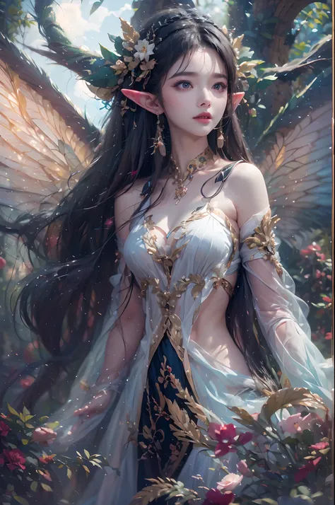 ( Absurd, High quality, Ultra-detailed, Masterpiece, concept-art, smooth, high detail artwork, Hyper-realistic painting ) , elf, Plum elf, plum , Transparent fairy wings, huge tit，low chest，fairytale-like, Romantic, Vivid, Whole body,hand behind back，Malu，...