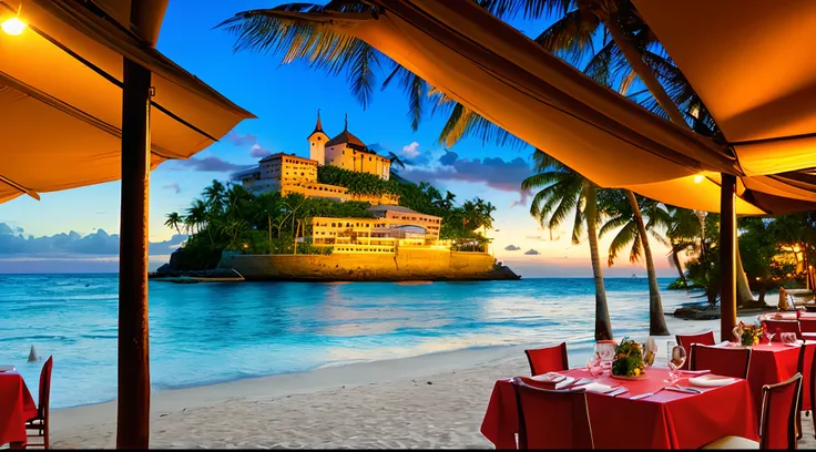 Italian restaurant on a tropical beach on a fictional Fiji island, with a European castle in the background and warm lights at sunset