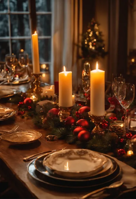 a beautiful wooden table, decorated for a Christmas dinner with all the details and symbols of the occasion.