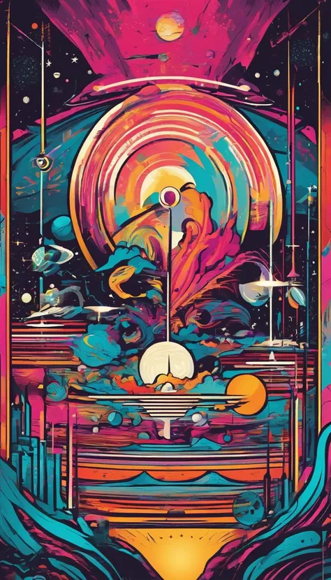 Colorful futuristic space illustration，Theres a planet in the middle, a beautiful artwork illustration