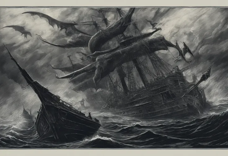 The terrifying kraken unleashes its fury, engulfing the ship in chaos.