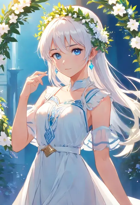 Elf Girl, white hair, long hair, blue eyes, earrings, standing, white Greece dress, translucent dress, wreath