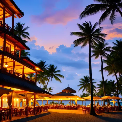 Italian restaurant on a tropical beach on a fictional Fiji island, with a European castle in the background and warm lights at sunset