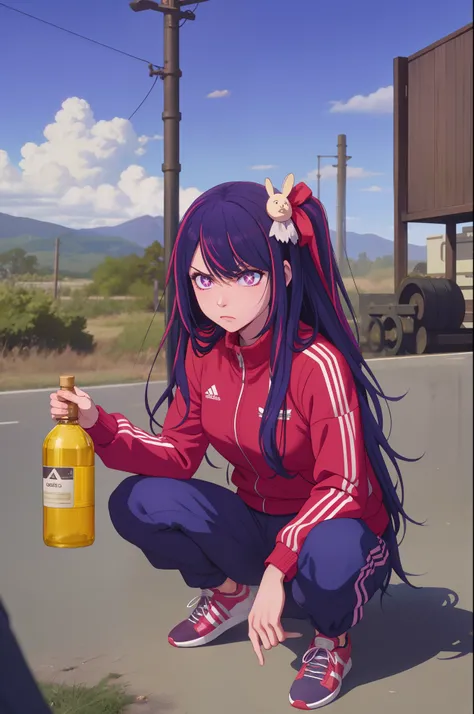 a very confidant badass arrogant cocky boss bitch attitude Hoshino Ai, long hair, purple hair, streaked hair ,purple eyes, star-shaped pupils, hair ornament, wearing adidas tracksuit slav squatting with both of her hands in her pants pockets with a mean fa...