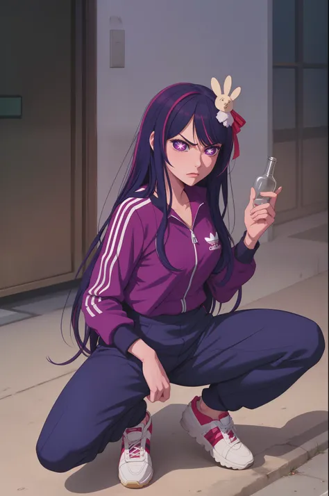 a very confidant badass arrogant cocky boss bitch attitude Hoshino Ai, long hair, purple hair, streaked hair ,purple eyes, star-shaped pupils, hair ornament, wearing adidas tracksuit slav squatting with both of her hands in her pants pockets with a mean fa...