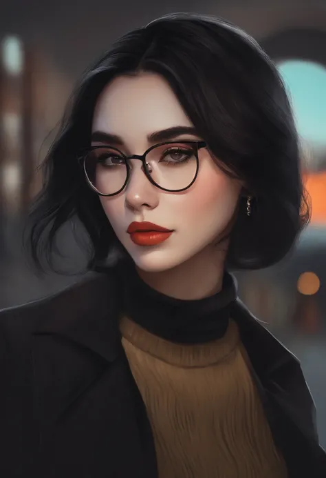 Pretty girl,bob black hair,wearing glasses,turtleneck black shirt,sketch