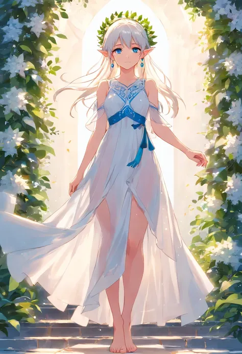 Elf Girl, white hair, long hair, blue eyes, earrings, standing, white Greece dress, translucent dress, wreath, barefoot, ankle bracelets