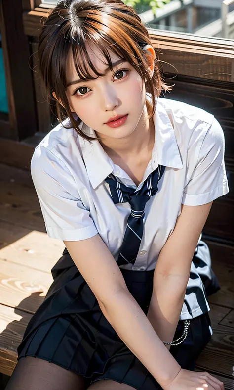 ULZZANG-6500-v1.1, (RAW PHOTO:1.2), (photot-REALISTIC，:1.4), ((Take a picture with the camera from above、Looking up、staring at camera、Gazing from above with a camera、Take a photo from the top direction))beautiful detailed girls, highly detailed eyes and fa...