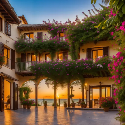 Tropical beaches，Italian houses on the beach，There is a wooden courtyard，It is covered with flowers, vibrance, Sunset, waterfallr