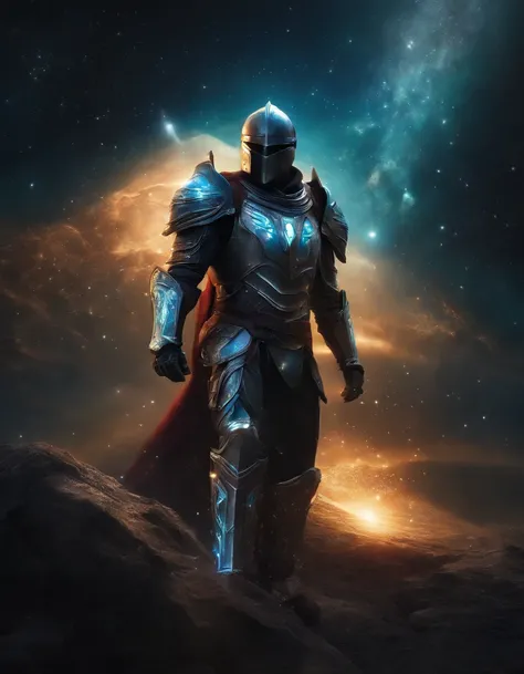 Cosmic Fallen Knight, olhos claros brilhante, estranho, assustador, cores muito brilhantes, light particles, com luz brilhante, Mshiff, Arte do papel de parede, Papel de parede UHD, artistic, intrincado