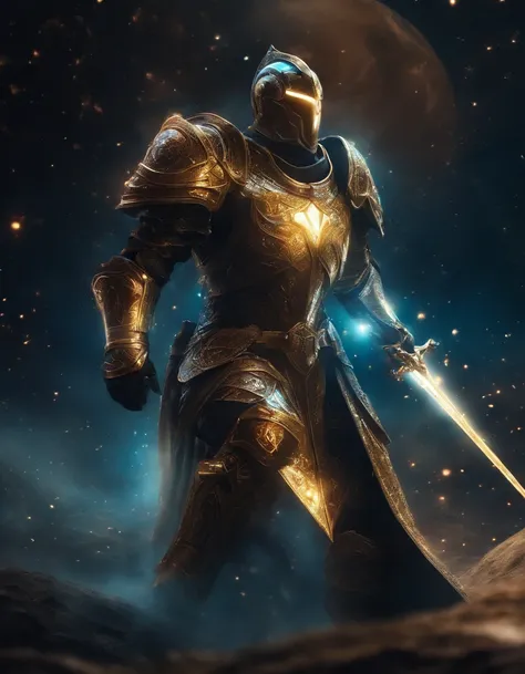 Cosmic Fallen Knight, olhos claros brilhante, estranho, assustador, cores muito brilhantes, light particles, com luz brilhante, Mshiff, Arte do papel de parede, Papel de parede UHD, artistic, intrincado