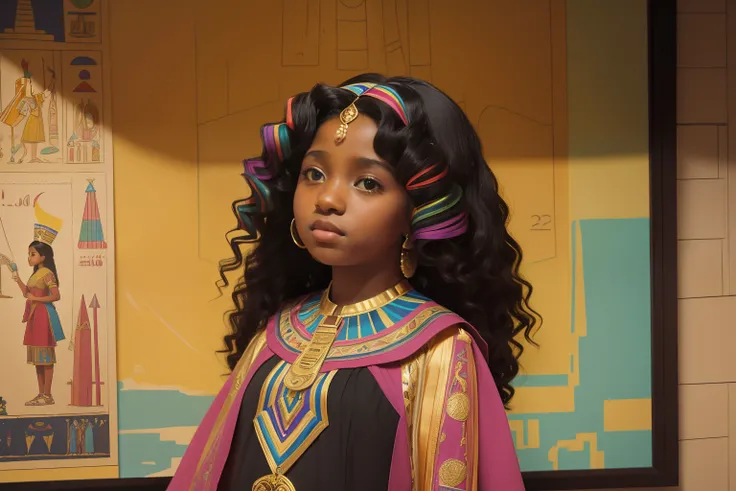 Year: 2012. Location: North River Heights, Manhattan. pre-raphaelite 10-year-old black girl with long curly hair, pyramid scale model, school project about egypt, ((((2010s colorful clothes)))) ((2010s hairstyle)) ((in the style of "OMITB")) ((cinematic st...