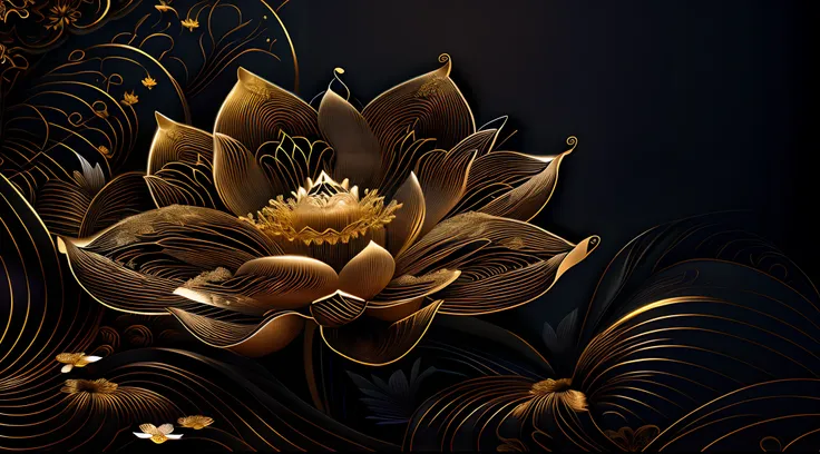 there is a gold flower on a black background with waves, lotus, glowing delicate flower, lotus flower, delicate detailing golden stroke, gold flowers, intricate gold elements, with lotus flowers, intricate gold linework, exquisite line art, gold detailed l...