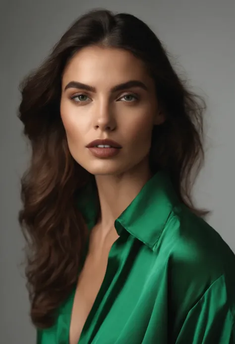 Portrait of a woman wearing a green oversized shirt, white background, model studio, photography, stunning style