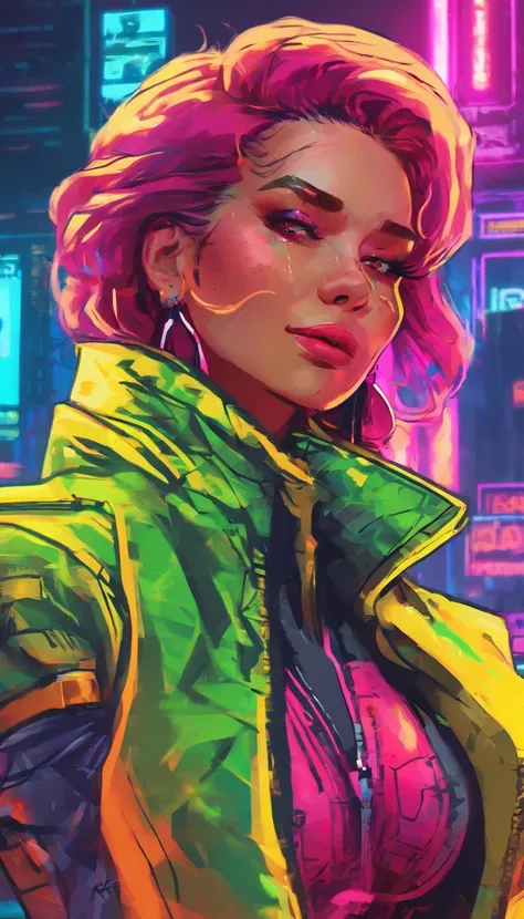 a woman dressed in a trendy coat in the city, cyberpunk, 2d game art, detailed character expressions, close up, in the style of soft brushstroke realism, dark and neon colors,  ::1 cleavage ::-0.5 --ar 2:3 --no cleavage